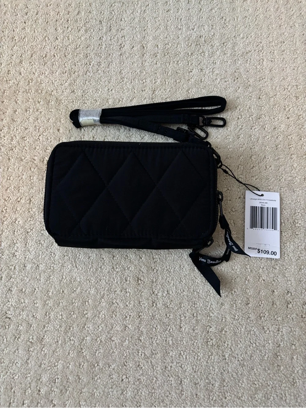 Vera Bradley Ultralight RFID 3-in-1 Black Quilted Convertible Wristlet Crossbody - Picture 7 of 10